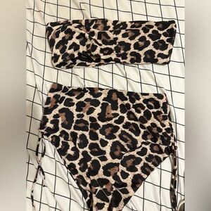 SHEIN High-Waist Lace-Up Bandeau Bikini in Leopard Print, Size S